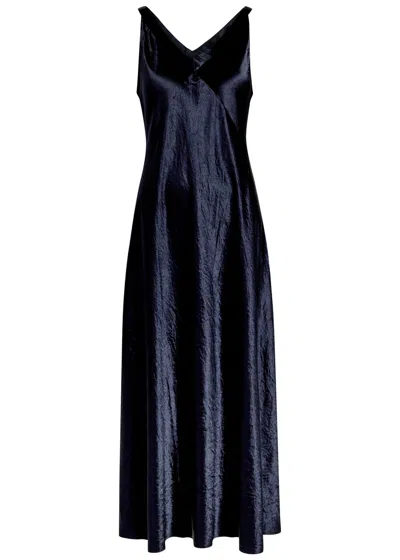 Eileen Fisher Sleeveless Crinkled Satin Empire Maxi Dress In Blue