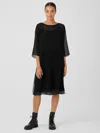 Eileen Fisher Crinkled Sheer Silk Bateau Neck Dress In Black