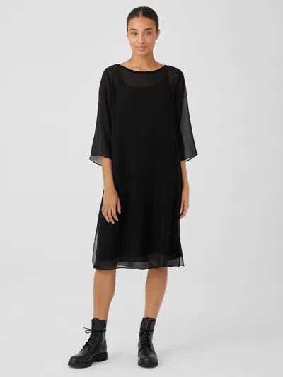 Eileen Fisher Crinkled Sheer Silk Bateau Neck Dress In Black