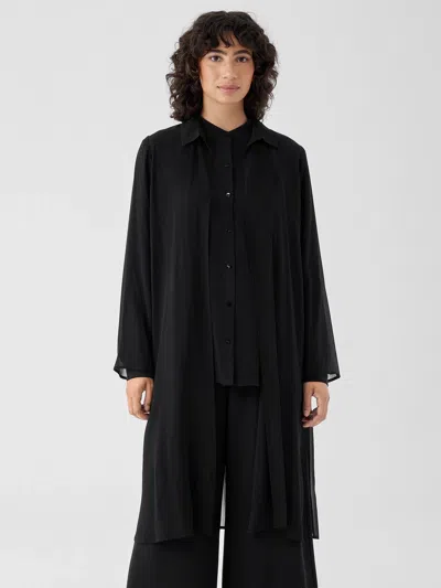 Eileen Fisher Crinkled Sheer Silk Classic Collar Jacket In Black