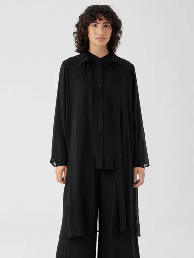 Eileen Fisher Crinkled Sheer Silk Classic Collar Jacket In Black