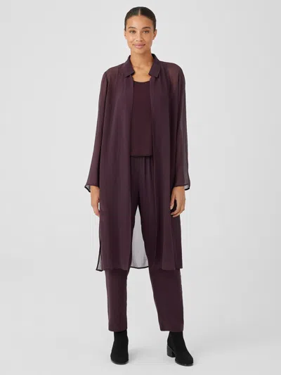 Eileen Fisher Crinkled Sheer Silk Classic Collar Jacket In Cassis
