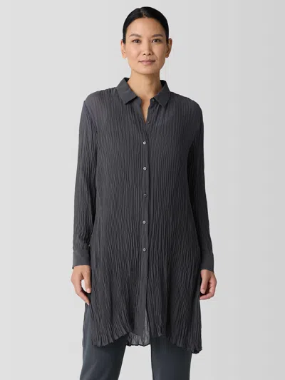 Eileen Fisher Crinkled Sheer Silk Georgette Long Shirt In Gray