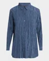 Eileen Fisher Petite Crinkled Side-slit Habotai Silk Shirt In Eclipse