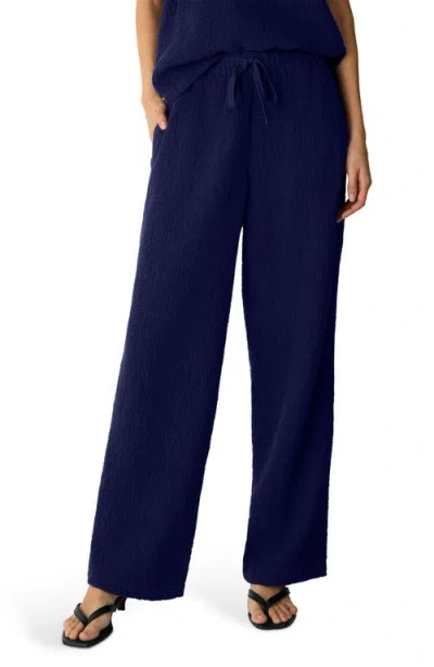 Eileen Fisher Crinkled Stretch Organic Cotton Drawstring Pants In Blue