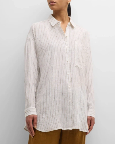 Eileen Fisher Crinkled Striped Organic Linen Shirt In Bronze