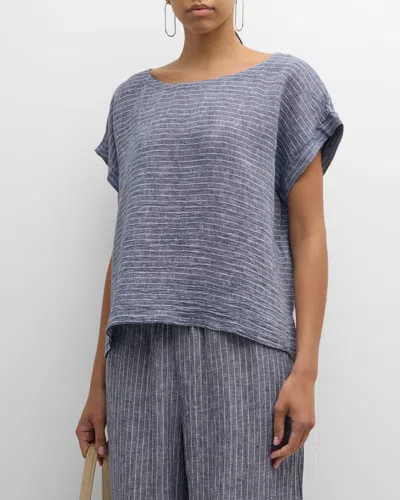 Eileen Fisher Crinkled Striped Organic Linen Shirt In Blue