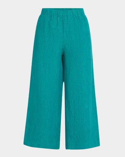 Eileen Fisher Cropped Wide-leg Organic Linen Pants In Jade