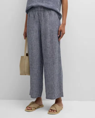 Eileen Fisher Cropped Wide-leg Striped Organic Linen Pants In Ocean