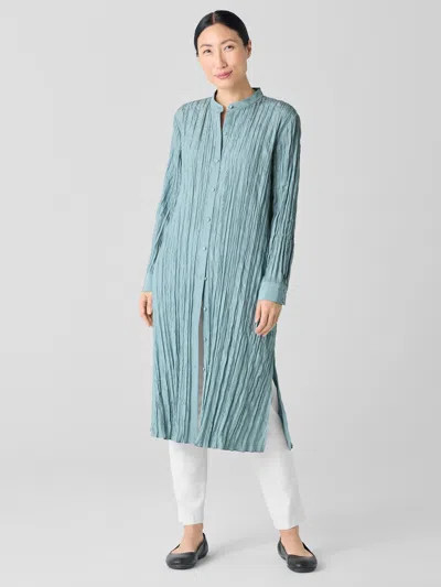 Eileen Fisher Crushed Silk Band Collar Long Shirt In Blue