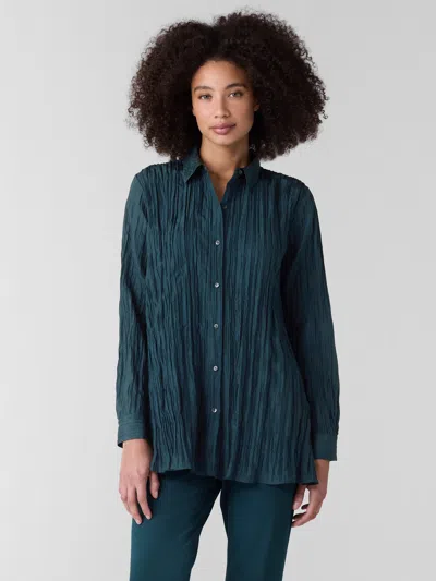 Eileen Fisher Crushed Silk Classic Collar Shirt In Blue