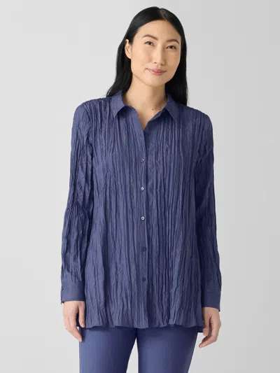 Eileen Fisher Crushed Silk Classic Collar Shirt In Blue
