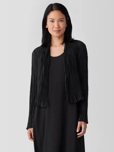 Eileen Fisher Crushed Silk High Collar Jacket In Black