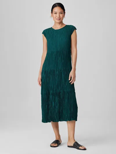 Eileen Fisher Crushed Silk Jewel Neck Tiered Dress In Green