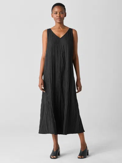 Eileen Fisher Crushed Silk V-neck Dress In Black