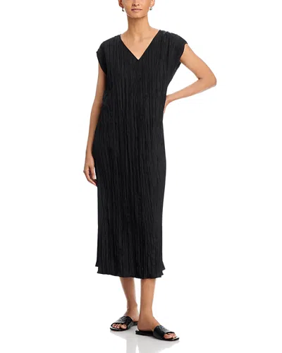 Eileen Fisher Crushed Silk V Neck Dress In Black