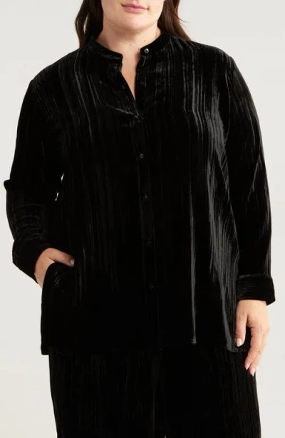 Eileen Fisher Crushed Velvet Band Collar Button-up Shirt In Black