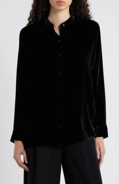 Eileen Fisher Crushed Velvet Band Collar Button-up Shirt In Black