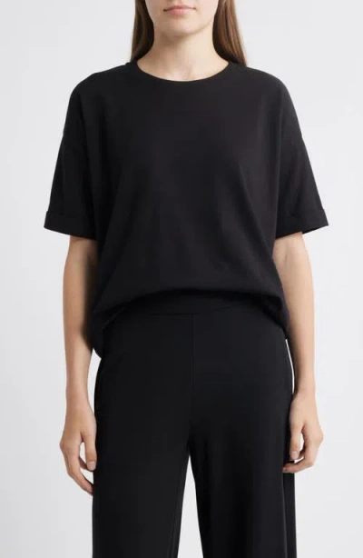 Eileen Fisher Cuffed Sleeve Cotton Crewneck T-shirt In Black
