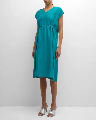 Eileen Fisher Dolman-sleeve Washed Silk Midi Dress In Blue
