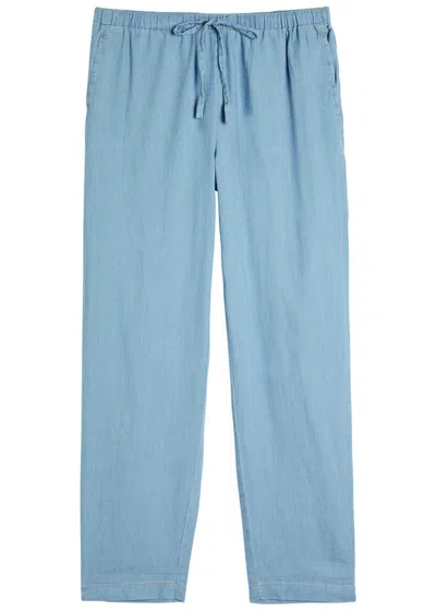 Eileen Fisher Drawstring Cotton Chambray Trousers In Blue