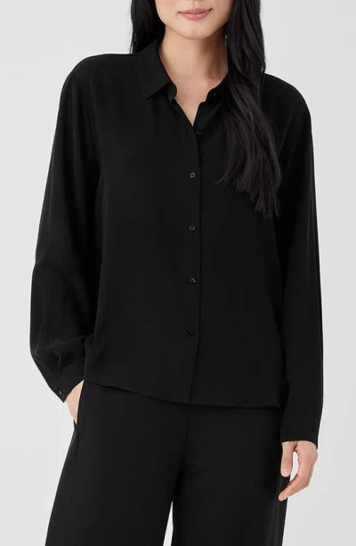 Eileen Fisher Easy Classic Collar Silk Button-up Shirt In Black