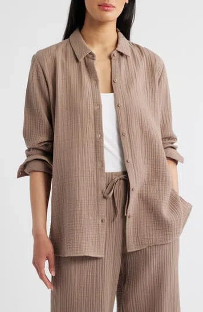 Eileen Fisher Easy Classic Organic Cotton Button-up Shirt In Brown
