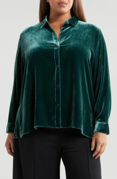 Eileen Fisher Easy Relaxed Fit Velvet Button-up Shirt In Pine