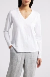 Eileen Fisher Easy V-neck Long Sleeve Organic Cotton T-shirt In White