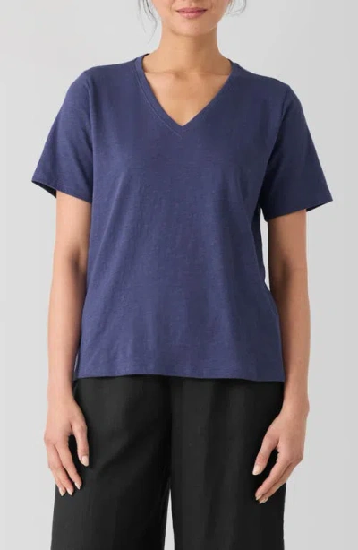 Eileen Fisher Easy V-neck Organic Cotton T-shirt In Blue