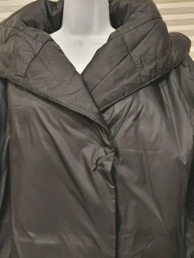 Pre-owned Eileen Fisher Eggshell Nylon Shawl Hoodie Double-breasted Puffer Coat Black Sz L In White