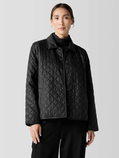 Eileen Fisher Eggshell Recycled Nylon Classic Collar Coat In Black