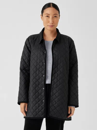 Eileen Fisher Eggshell Recycled Nylon Classic Collar Coat In Black