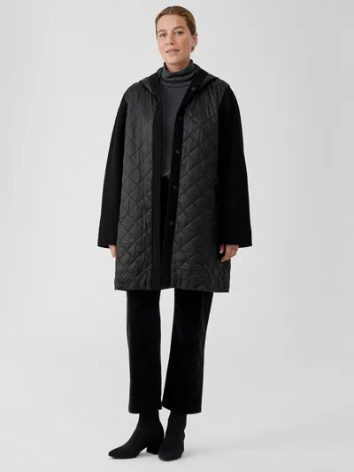 Eileen Fisher Eggshell Recycled Nylon Hooded Coat In Black