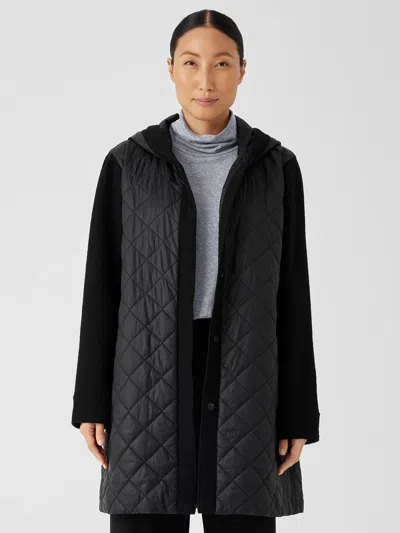 Eileen Fisher Eggshell Recycled Nylon Hooded Coat In Black