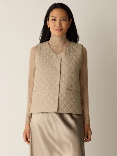 Eileen Fisher Eggshell Recycled Nylon Quilted V-neck Vest In Neutral