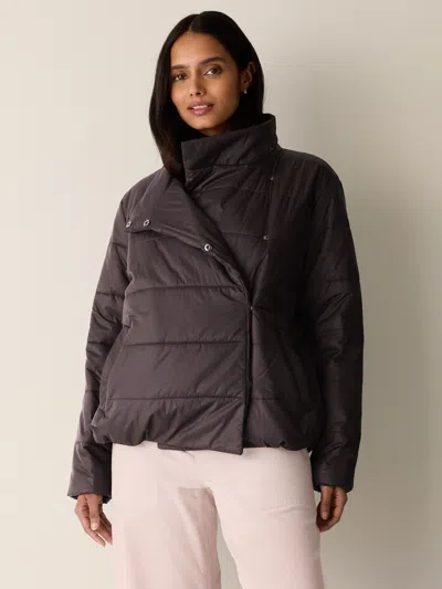 Eileen Fisher Eggshell Recycled Nylon Stand Collar Quilted Coat In Brown