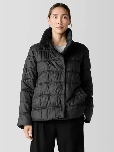 Eileen Fisher Eggshell Recycled Nylon Stand Collar Short Coat In Black