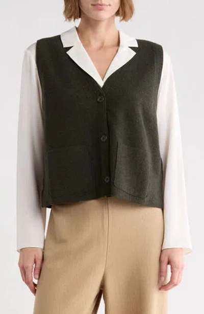 Eileen Fisher Extra Fine Merino Wool Button Front Vest In Green