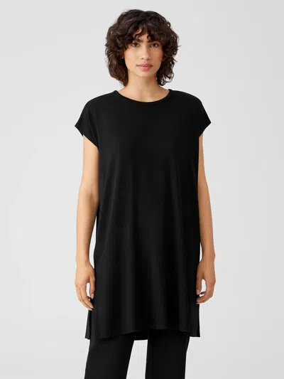 Eileen Fisher Fine Jersey Crew Neck Longtop In Black