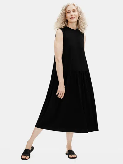 Eileen Fisher Fine Jersey Crew Neck Shirred Dress In Black