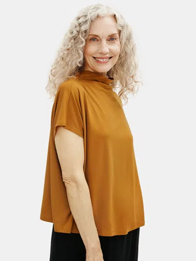 Eileen Fisher Fine Jersey Funnel Neck Top In Brown