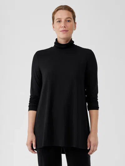 Eileen Fisher Fine Jersey Scrunch Neck Long Top In Black
