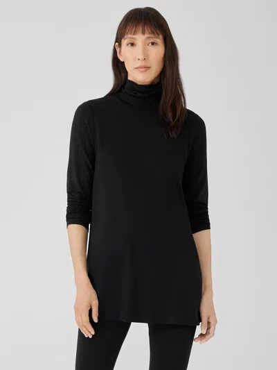 Eileen Fisher Fine Jersey Scrunch Neck Long Top In Black