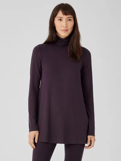 Eileen Fisher Fine Jersey Scrunch Neck Long Top In Purple
