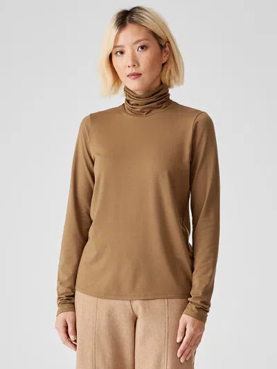 Eileen Fisher Fine Jersey Scrunch Neck Top In Brown