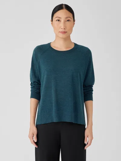 Eileen Fisher Fine Merino Jersey Crew Neck Top In Regenerative Wool In Green