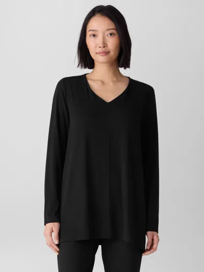 Eileen Fisher Fine Stretch Jersey Knit V-neck Long Top In Black