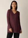 Eileen Fisher Fine Stretch Jersey Knit V-neck Long Top In Burgundy
