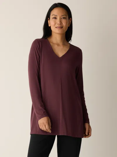 Eileen Fisher Fine Stretch Jersey Knit V-neck Long Top In Burgundy
